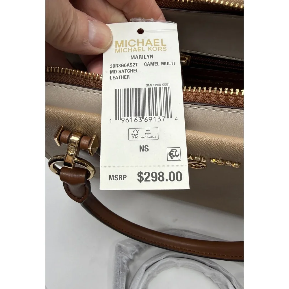Michael Kors Marilyn Medium Satchel Camel Multi Leather Top Handle Bag - Picture 4 of 15